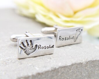 Baby Handprint Silver Cufflinks, Real Hand Print Cufflinks, New Dad Gift, Engraved Groom Gift