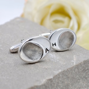 Personalised Oval Cufflinks, Silver Dad Gift, Actual Fingerprint, Initial Cufflinks image 1