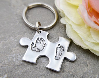 Personalised Baby Handprint Keyring, New Parent Gift for Dad, Sterling Silver Puzzle Piece Keychain