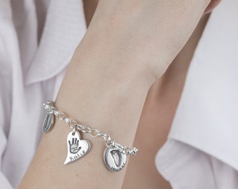 Actual Handprint Bracelet, Personalised Charm Bracelet, Silver Hand Print Keepsake