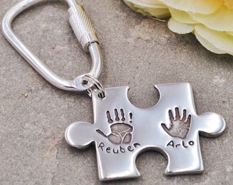 Personalised Handprint Puzzle Piece Keyring, Autism Custom Handprint Keepsake, Silver Engraved Keychain for Dad