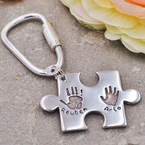 Personalised Handprint Puzzle Piece Keyring, Autism Custom Handprint Keepsake, Silver Engraved Keychain for Dad image 1