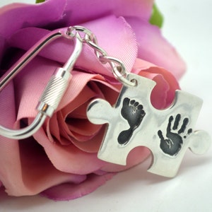 Personalised Baby Handprint Keyring, New Parent Gift for Dad, Sterling Silver Puzzle Piece Keychain image 3