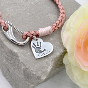 Fingerprint Heart Charm Bracelet, Pink Leather Charm Bracelet 925 Sterling Silver Memorial Gift, Sympathy Gift in Loving Memory image 1