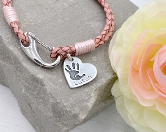 Fingerprint Heart Charm Bracelet, Pink Leather Charm Bracelet 925 Sterling Silver Memorial Gift, Sympathy Gift in Loving Memory