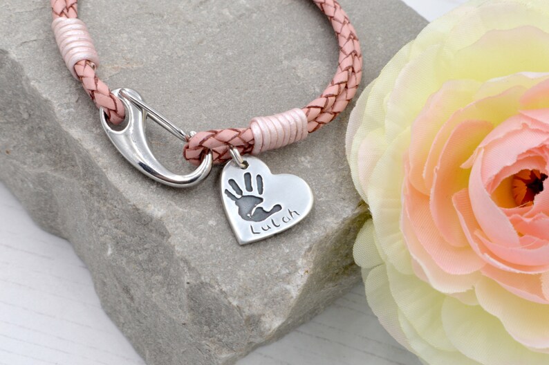 Fingerprint Heart Charm Bracelet, Pink Leather Charm Bracelet 925 Sterling Silver Memorial Gift, Sympathy Gift in Loving Memory image 1