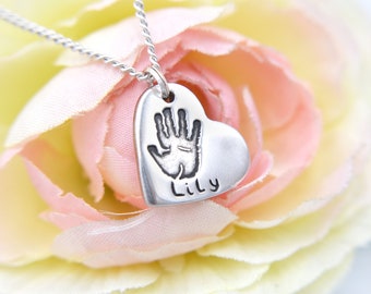 Personalised Handprint Engraved Heart Necklace, New Mum Gift