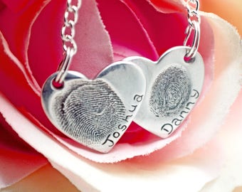 Real Finger print Necklace, Connected Heart Double Fingerprint Necklace, mothers day gift, Engraved Silver Necklace