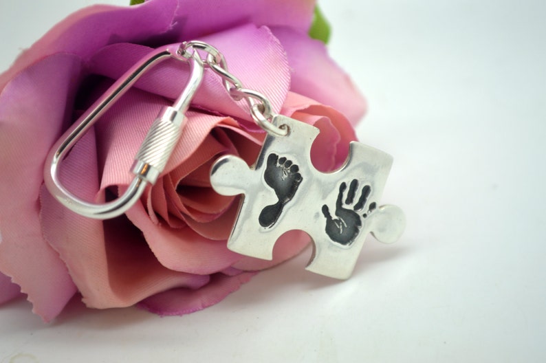 Personalised Baby Handprint Keyring, New Parent Gift for Dad, Sterling Silver Puzzle Piece Keychain image 3