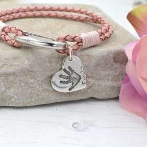 Fingerprint Heart Charm Bracelet, Pink Leather Charm Bracelet 925 Sterling Silver Memorial Gift, Sympathy Gift in Loving Memory image 2