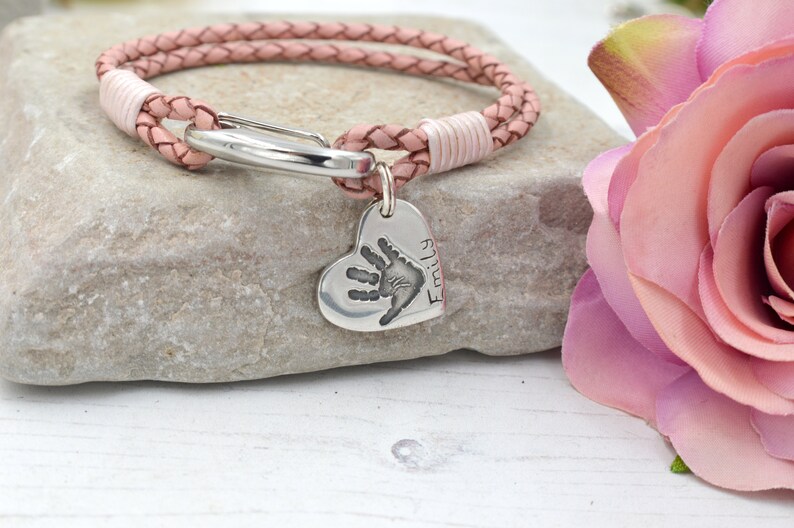 Fingerprint Heart Charm Bracelet, Pink Leather Charm Bracelet 925 Sterling Silver Memorial Gift, Sympathy Gift in Loving Memory image 2