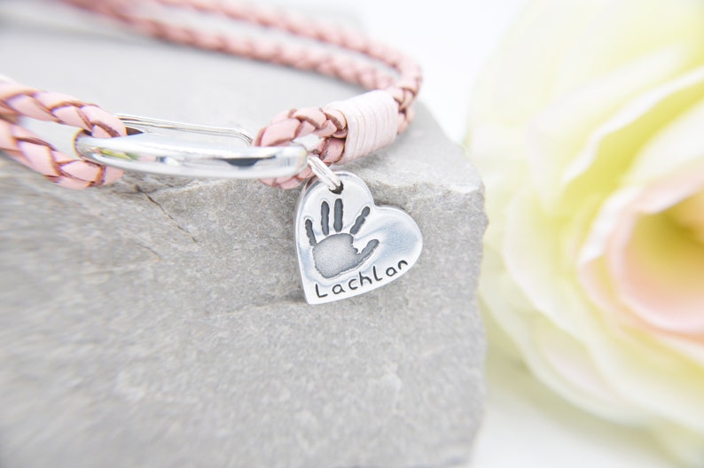 Fingerprint Heart Charm Bracelet, Pink Leather Charm Bracelet 925 Sterling Silver Memorial Gift, Sympathy Gift in Loving Memory image 4