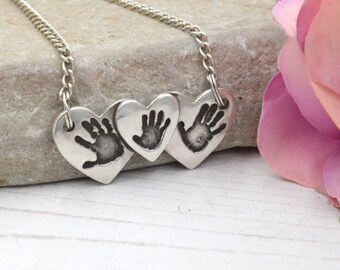 Actual Baby Handprint Necklace, Sterling Silver Baby Handprint Personalised New Mom Necklace, Memorial Gift Necklace