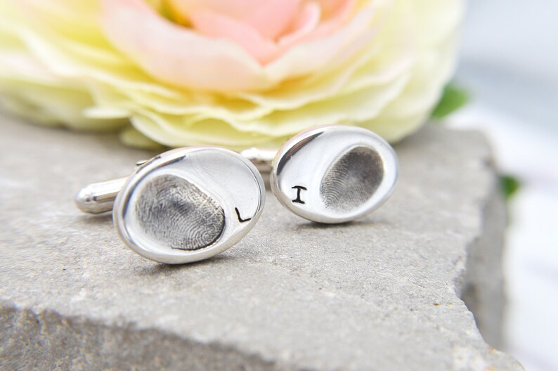 Personalised Oval Cufflinks, Silver Dad Gift, Actual Fingerprint, Initial Cufflinks image 2