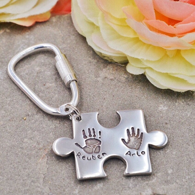 Personalised Baby Handprint Keyring, New Parent Gift for Dad, Sterling Silver Puzzle Piece Keychain image 2