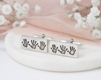 Personalised Handprint Cufflinks, Triple Hand Print Bar Cufflinks, Footprint Cufflinks Gifts from 3 children