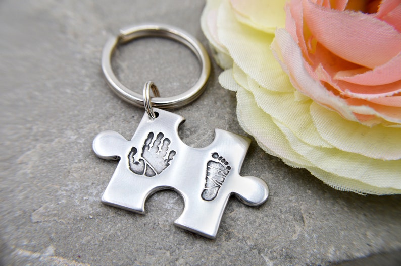 Personalised Baby Handprint Keyring, New Parent Gift for Dad, Sterling Silver Puzzle Piece Keychain image 1