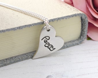 Personalised Handwriting Curved Heart Charm, Engraved Necklace, Memorial Gift, silver mom gift