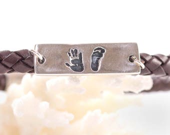 Personalised Bracelet, Leather Silver Bar Bracelet, Baby Foot Print Bracelet, Baby Hand Print Keepsake, New Dad Gift