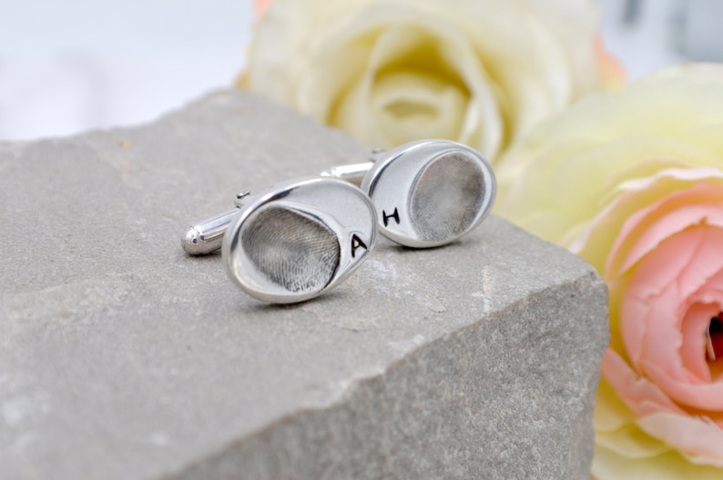 Personalised Oval Cufflinks, Silver Dad Gift, Actual Fingerprint, Initial Cufflinks image 1