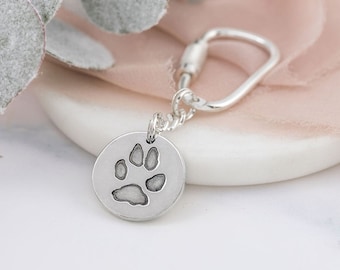 Real Pawprint Keyring Gift, Sterling Silver Pet Memorial Keepsake Keychain