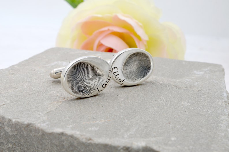 Personalised Oval Cufflinks, Silver Dad Gift, Actual Fingerprint, Initial Cufflinks image 3