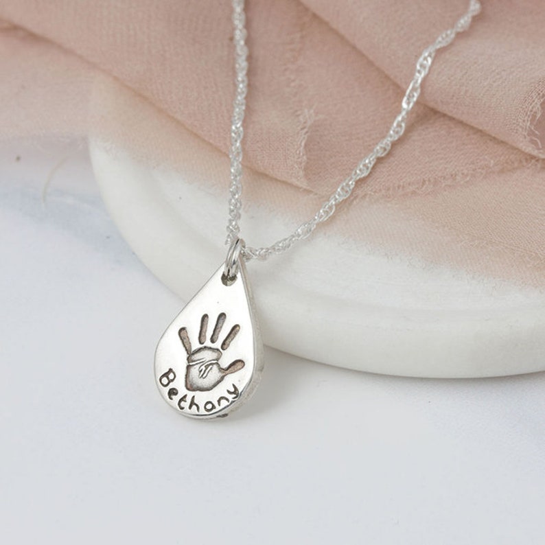 Personalised Pendant, Teardrop Hand Print Necklace, New Baby Gift image 1