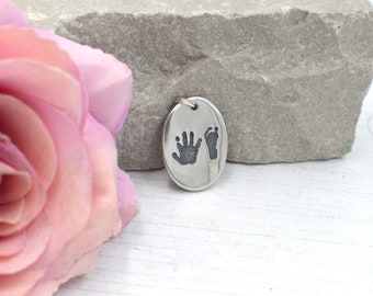 Real Hand and Footprint Oval Necklace, Personalised Handprint Charm, Baby Keepsake Jewellery