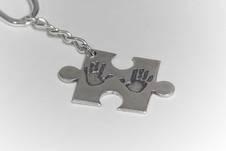 Personalised Baby Handprint Keyring, New Parent Gift for Dad, Sterling Silver Puzzle Piece Keychain image 6