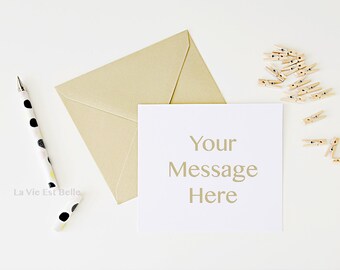 Download Free Card Stock Photo - Styled Stock Photography - Gold Envelope and Blank White card for your message, invitation, design or artwork - mockup PSD Template