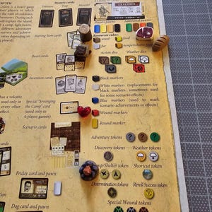 K&ouml;nnte beinhalten: Eine Nahaufnahme eines Spielbretts mit verschiedenen Spielfiguren und Spielsteinen. Das Spielbrett ist braun mit einem beigefarbenen Rand und tr&auml;gt den Text "Robinson Crusoe Abenteuer auf der verfluchten Insel" und "Regelbuch". Die Spielfiguren umfassen Holzw&uuml;rfel, schwarze und wei&szlig;e Markierungen sowie verschiedene Spielsteine.