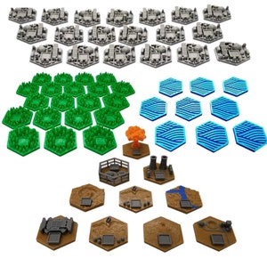 May include: A set of 3D printed hexagonal game tiles featuring various terrain types, including cityscapes, forests, water, and desert. The tiles are designed for use in tabletop games and feature detailed textures and designs.