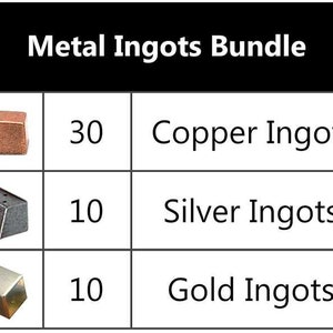 May include: Metal ingots bundle with 30 copper ingots, 10 silver ingots, and 10 gold ingots.