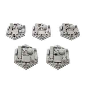 May include: Five gray hexagonal game pieces with various shapes and designs. Each piece has a central square and is decorated with small, raised details.