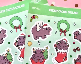 Baby hippo sticker sheet, Christmas hippo stickers, small holiday stickers, Pygmy hippo fan club
