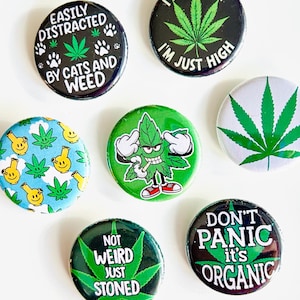 Stoner Pinback Buttons, Cannabis Weed Leaf Badges, 420 Hippie Buttons