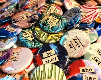 Bulk pronoun badges (collage style), bulk one-inch mini badges, back to school, pronouns for clubs, small pronoun buttons