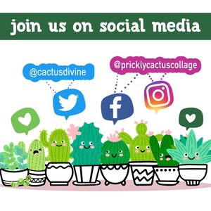 May include: A colorful illustration of cacti with happy faces in pots. The cacti are holding up social media icons, including a Twitter bird, a Facebook 'f', and an Instagram camera. The text "join us on social media" is at the top of the image. The text "@cactusdivine" and "@pricklycactuscollage" are also included.