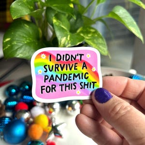 May include: A sticker with the text "I DIDN'T SURVIVE A PANDEMIC FOR THIS SHIT" on a pink background with a rainbow and daisy accents. The sticker is held in a hand with purple nail polish, with a blurred background of ornaments and a plant.