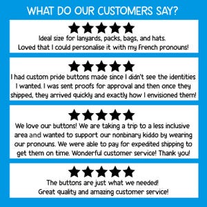 May include: Four customer reviews with five-star ratings for custom pride buttons. The reviews highlight the quality, speed of delivery, and personalized options available.