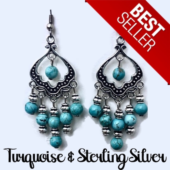 Turquoise Sterling Silver Beaded Chandelier Earrings Gift Turquoise Sterling Silver Beaded, Beaded Chandelier Style Earrings