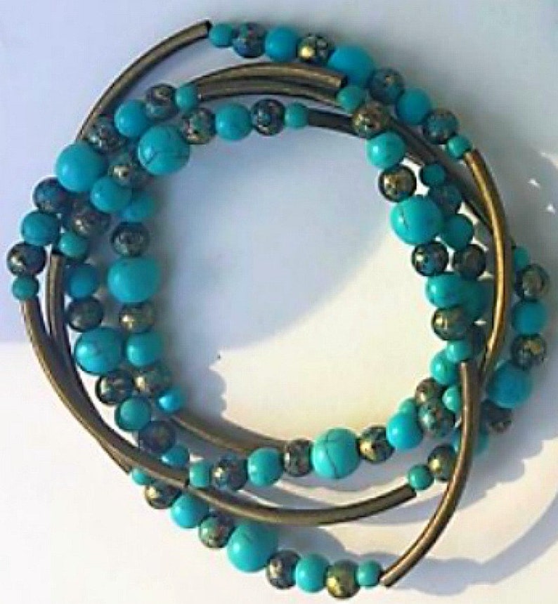 Turquoise /& Brass Stretch Bracelet Necklace Choker Anklet Bohemian-style Convertible Jewelry by Captivating Capricorn Beaded Jewelry