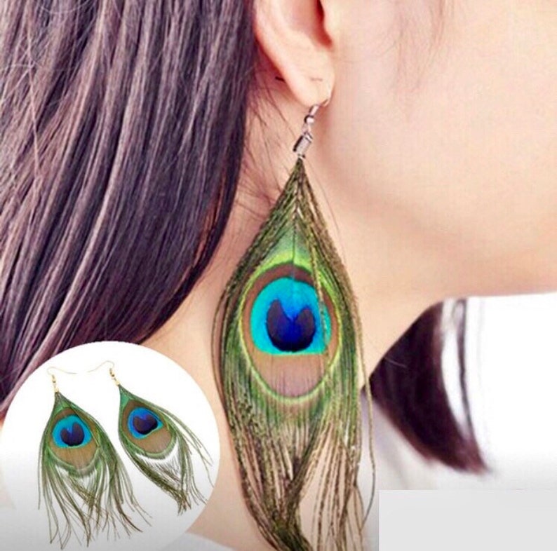 Peacock Feather Earrings by Captivating Capricorn Boho Chic Style Earrings Genuine Peacock Feathers with Gold Hypoallergenic Ear Wires