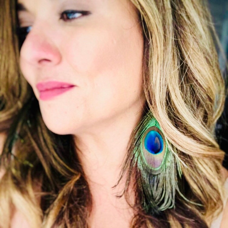 Peacock Feather Earrings by Captivating Capricorn Boho Chic Style Earrings Genuine Peacock Feathers with Gold Hypoallergenic Ear Wires