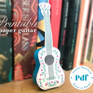 Guitarra de papel en miniatura para casa de muñecas, guitarra acústica de juguete para amantes de la música, regalo, instrumento musical imprimible, proyecto de papel para niños