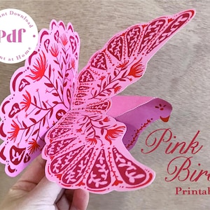 Printable romantic pink bird decoration ornament paper template bird with flowers pdf papercraft boho pink bird valentine gift