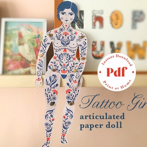 Muñeca de papel articulada para imprimir diseño tatuajes juguete papel para artista tatuador muñeca para recortar ilustrada