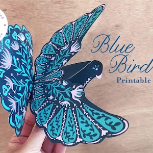 Printable blue bird decoration ornament paper template bird with flowers pdf papercraft boho blue bird decor