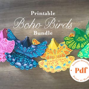 Printable boho bird bundle paper toy decoration ornament paper template bird with flowers pdf papercraft bundle pack