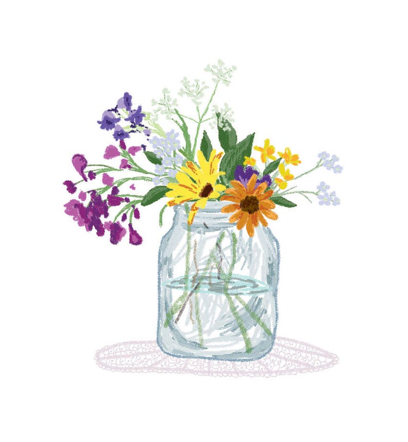 Wildflowers bouquet mason jar decor flower vase illustration Etsy